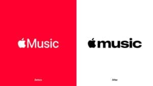 The image presents a before-and-after comparison of the Apple Music logo. The left side of the image shows the logo in its original red color, with the word "Music" written in white. The right side of the image shows the logo in its new black color, with the word "Music" written in white. The logo is a stylized apple w