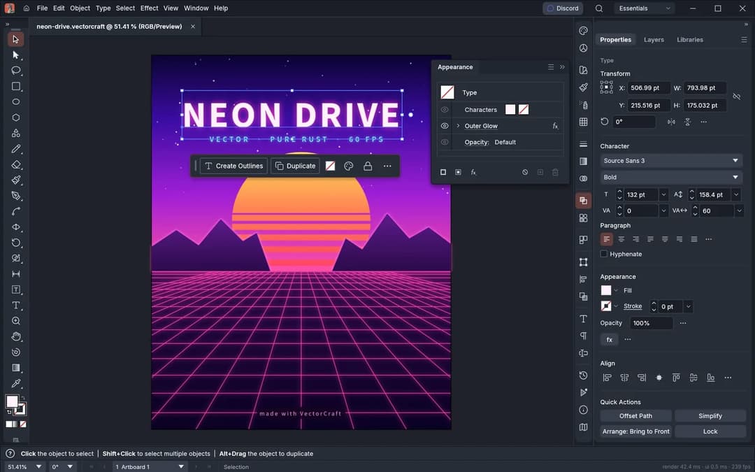 The image shows a screenshot of a digital art creation software interface, likely Adobe Photoshop, with a dark theme. The main focus is a vibrant neon-style graphic of a futuristic cityscape, featuring a bright orange sun, purple and pink mountains, and a grid-like pattern of purple and pink lines. The cityscape is set