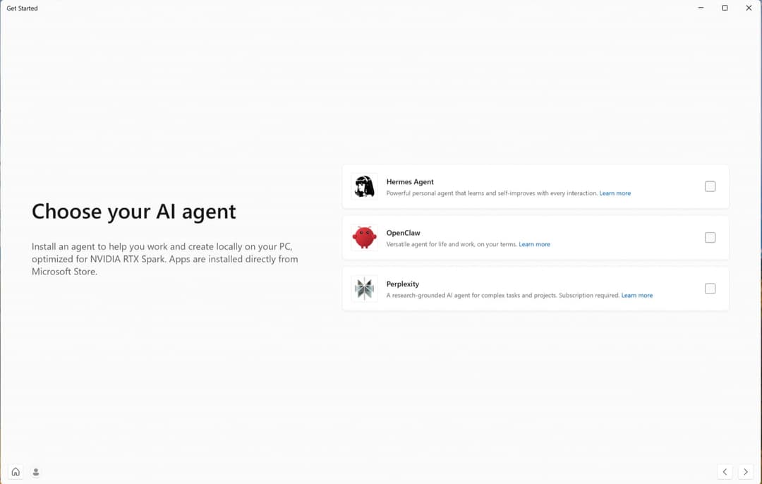 The image presents a computer screen displaying a menu titled "Choose your AI agent". The menu offers three options: Hermes Agent, OpenCloak, and Perplexity. Each option provides a brief description of the AI agent, including its name, a brief description of its capabilities, and a recommendation for where to find more