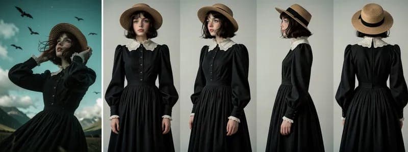 Four-panel character sheet of a young woman with short dark hair in a black long-sleeved dress with white lace collars and a straw hat, shown from front, three-quarter, side, and back views on a grey background. A dark-toned outdoor photo with birds and mountains appears at the far left.