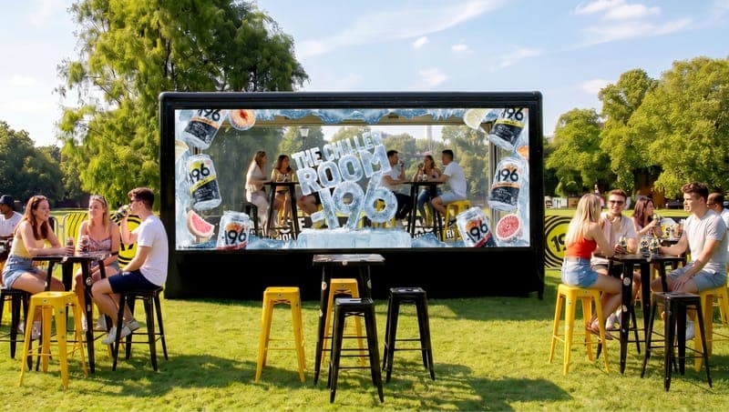 The image shows a lively outdoor event taking place in a park. A large inflatable screen dominates the scene, displaying an advertisement for "The Chiller Room 196". The screen is surrounded by a grassy area, with trees visible in the background. Several people are seated at tables and stools, enjoying drinks and conve