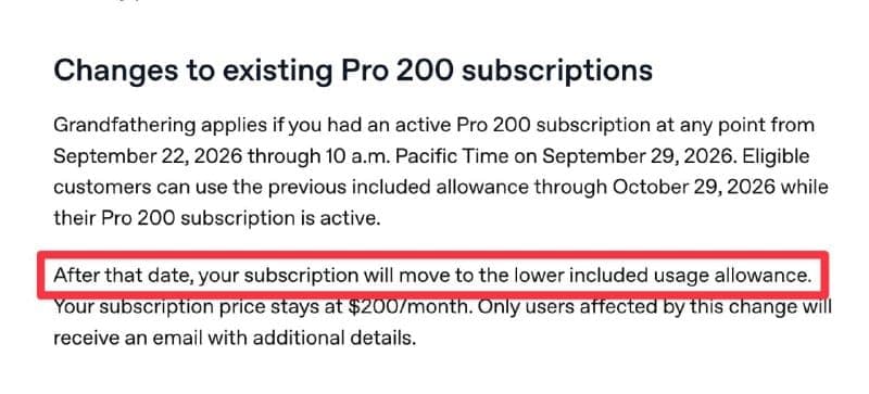 A screenshot of a web page section titled "Changes to existing Pro 200 subscriptions" explaining grandfathering for Pro 200 subscribers (September 22 to September 29, 2026, with allowance usable through October 29, 2026). A red box highlights the sentence "After that date, your subscription will move to the lower inclu