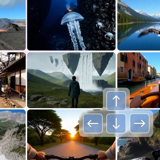 A grid of looping video thumbnails shows landscapes, a jellyfish, a waterfall with floating rocks, a Venetian canal, and a road at sunset, with a translucent overlay of four arrow-key icons (up, left, down, right) in the center. No brand or readable text other than the arrow symbols is visible.