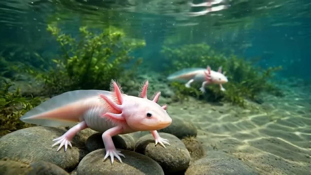 Two pale pink axolotls with feathery external gills move over rocks in clear, shallow water with green aquatic plants. No text is visible.