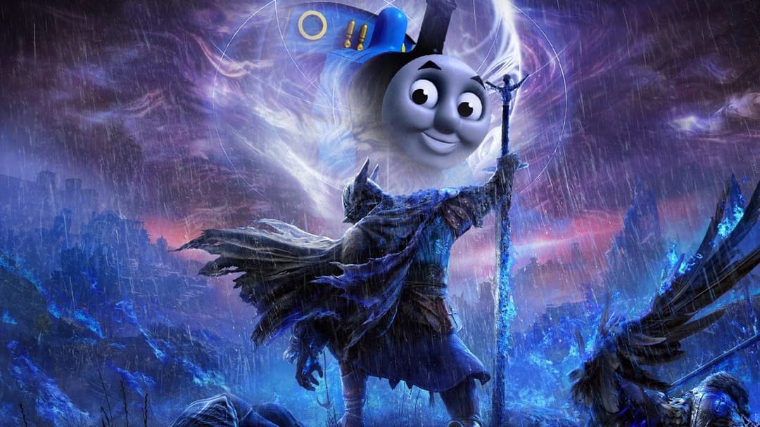 The image depicts a scene from a video game, featuring a character resembling Thomas the Tank Engine. The character is standing in a snowy, mountainous landscape, holding a staff or staff-like object. The character's face is a grayish-blue color, and it has a friendly expression. The background is a snowy, mountainous