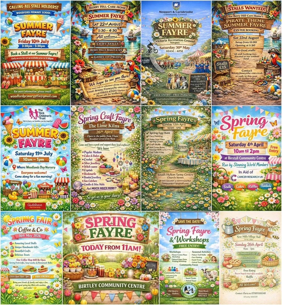 The image presents a collage of twelve distinct posters, each advertising a different event or festival. The posters are arranged in a grid pattern, with four posters in the top row, four in the middle row, and four in the bottom row. Each poster features vibrant colors and illustrations, creating a lively and festive