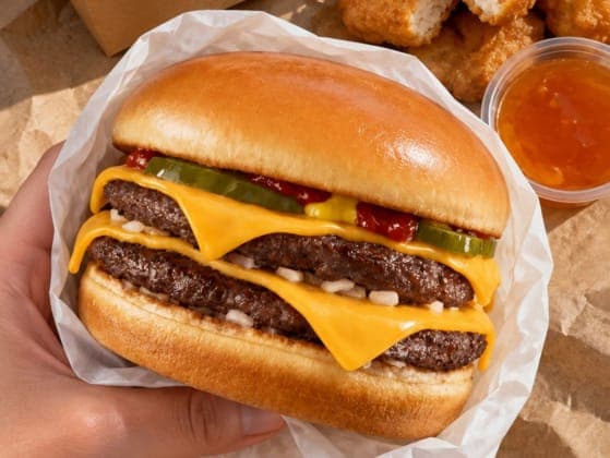 A hand is holding a large hamburger in a white paper wrapper. The hamburger is topped with a generous serving of yellow cheese, a pickle slice, and a few small white onion pieces. The bun is a light golden brown color. In the background, a small container of orange sauce is visible.