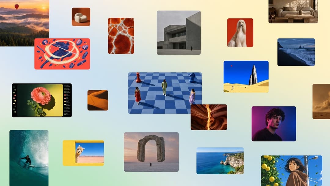 The image presents a collage of 16 square images, each with a unique color palette and subject matter, arranged in a grid pattern against a gradient background that transitions from a light yellow/beige at the top to a light blue at the bottom. The images are diverse in style and content, including a landscape with a m