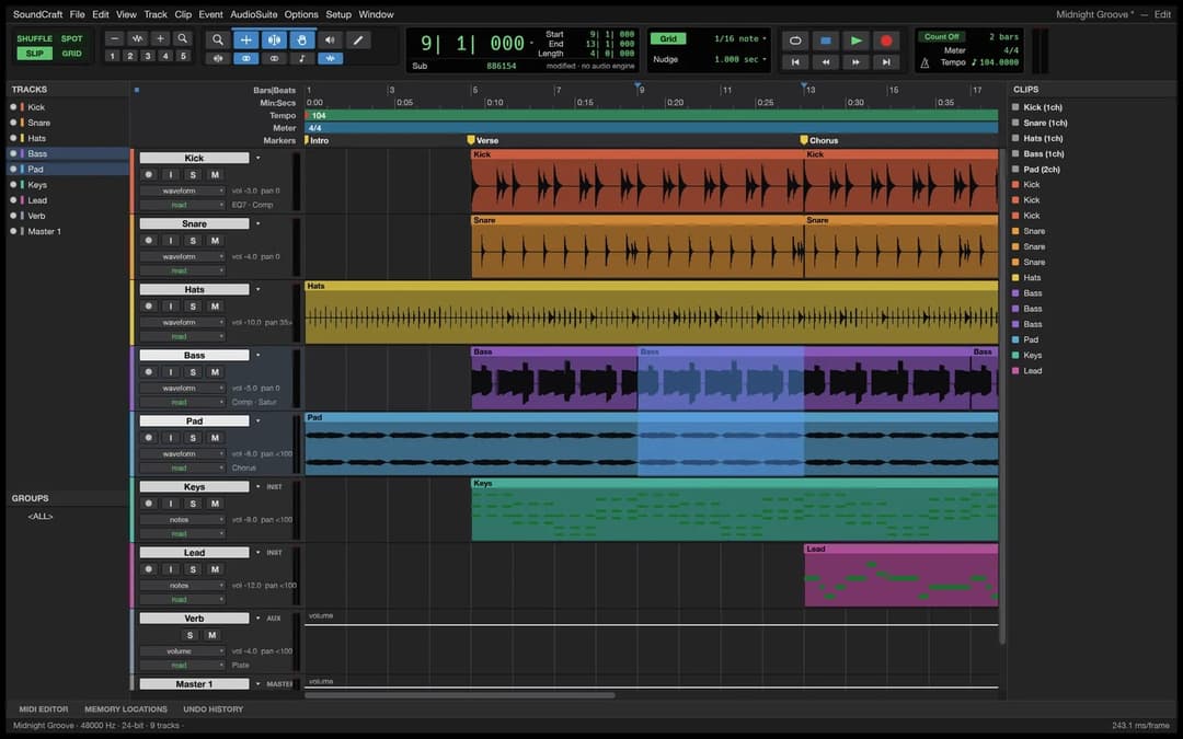 The image shows a music production software interface, likely from a music production or editing program. The interface is primarily dark gray or black with a vibrant color scheme of green, orange, and purple. The top of the interface displays a grid of tracks, each with a title and a list of instruments. The tracks ar