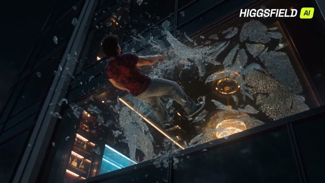 The image shows a man in a red shirt and blue jeans falling from a high-rise building. The building's glass facade is shattered, with pieces of glass scattered around him. The man is in mid-air, with his arms outstretched, as if trying to break the fall. The scene is set against a dark, possibly nighttime, sky. The ima