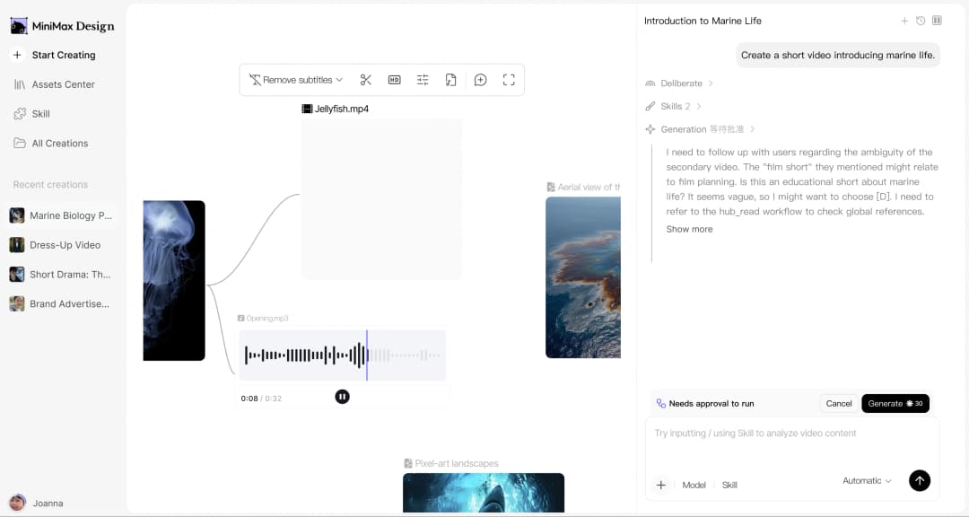 The image shows a video editing interface within a video editing application, likely Minimax Design. The interface is divided into two main sections: "Start Creating" and "Recent Creations". The "Recent Creations" section displays a video titled "Jellyfish.mp4" with a duration of 0:08:32. The video features a close-up