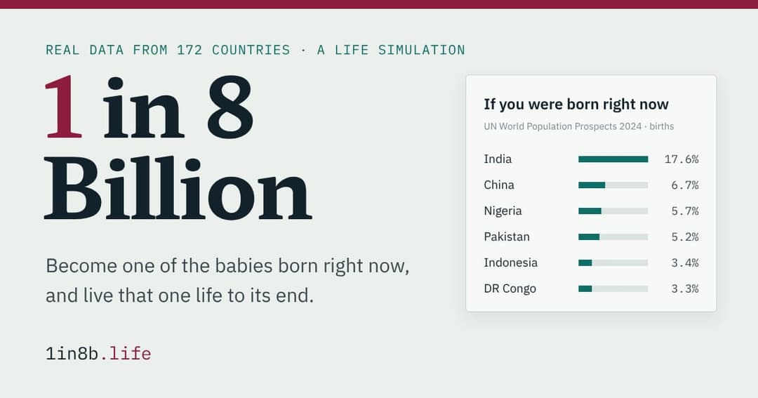 The image presents a bar graph titled "1 in 8 Billion" against a light green background. The graph compares the number of babies born in India, China, Nigeria, Pakistan, Indonesia, and DR Congo, with a total of 172 countries represented. The bar graph indicates that India has the highest number of babies born, followed