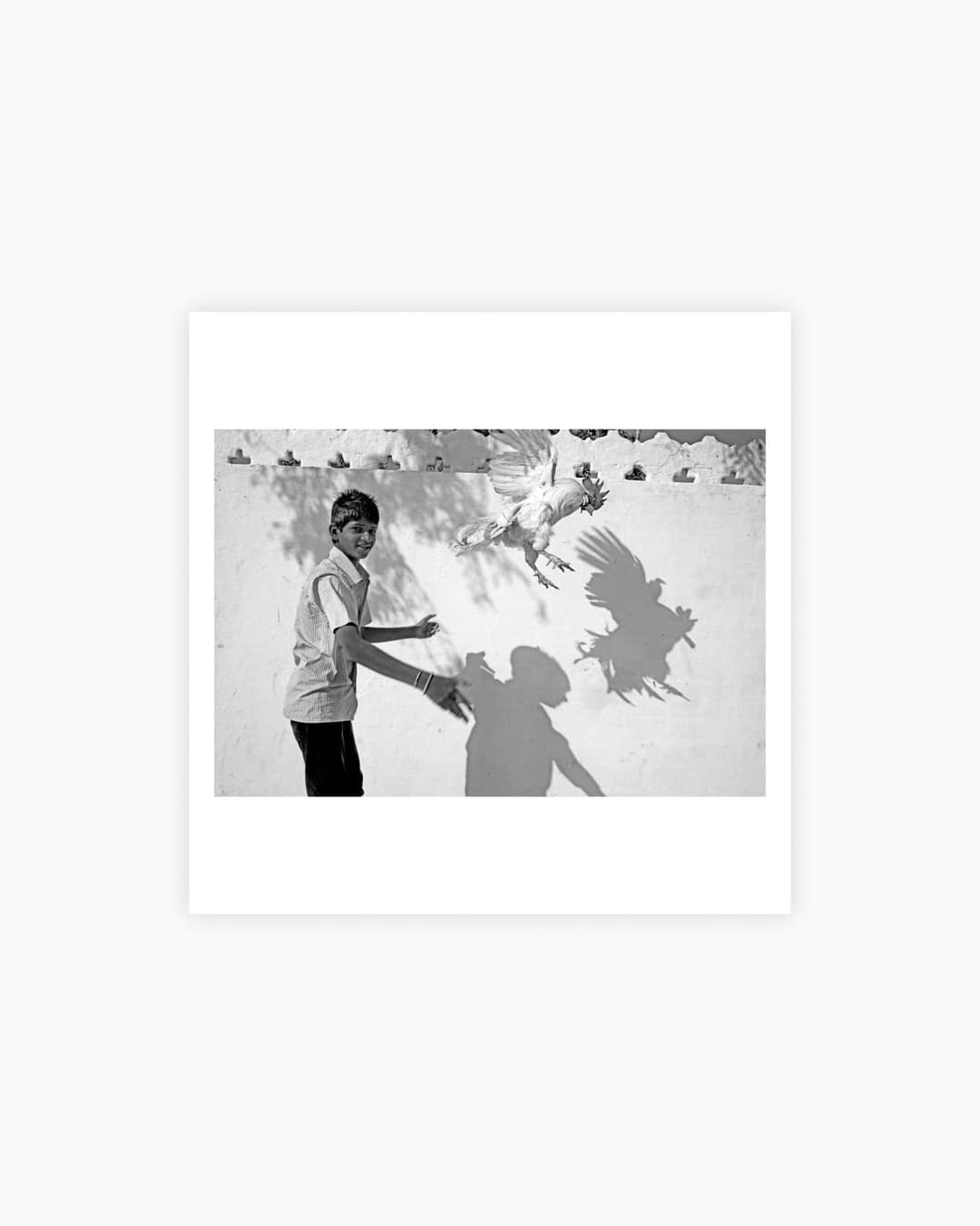 This black and white photograph captures a young boy in a light-colored shirt and dark pants, standing in front of a white wall. The boy is reaching out towards a white bird, possibly a pigeon, which is in mid-flight. The bird's shadow is cast on the wall behind the boy. The background features a simple, possibly decor