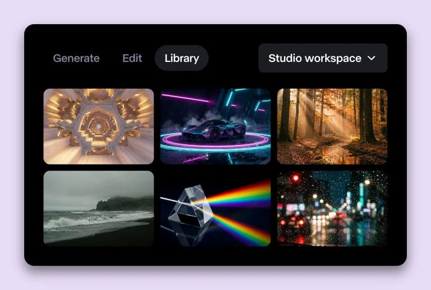 The image presents a digital interface with a black background and a light purple border. It features six distinct sections, each showcasing a different image. The top left section displays the word "Generate" in white text. The top right section contains the word "Library" in white text. The middle left section featur