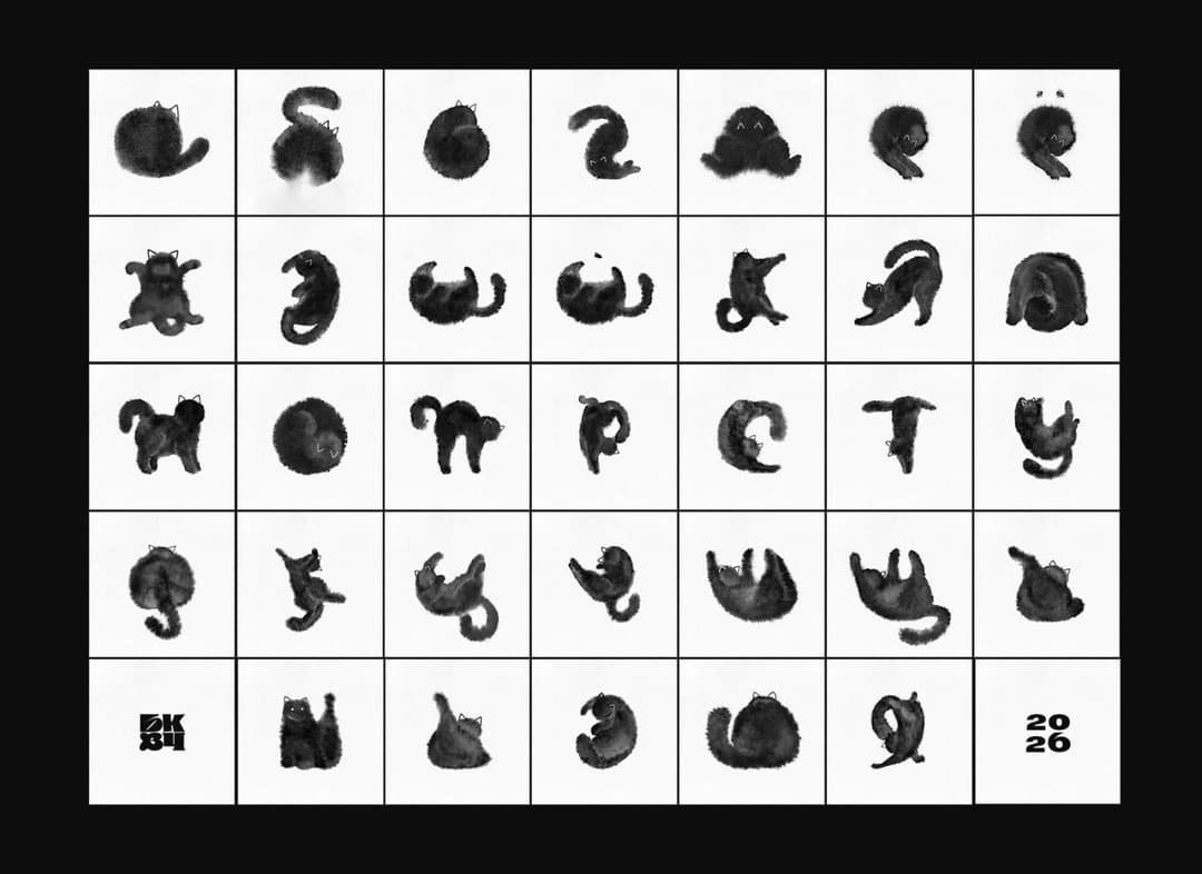 The image presents a grid of 24 black ink drawings of cats, each with a unique pose and expression. The drawings are arranged in a 3x4 grid, with each cat depicted in a different position, creating a visually engaging pattern. The cats are rendered in a style that resembles watercolor or ink wash, with varying shades o