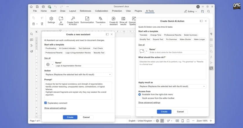 The image shows a document creation interface within a word processing application. The interface is divided into two sections, each with a title bar and a toolbar. The left section is titled "Create a new assistant" and features a "Name" field, a "Profession" field, a "Logic & Argumentation Review" field, a "Beauty Te