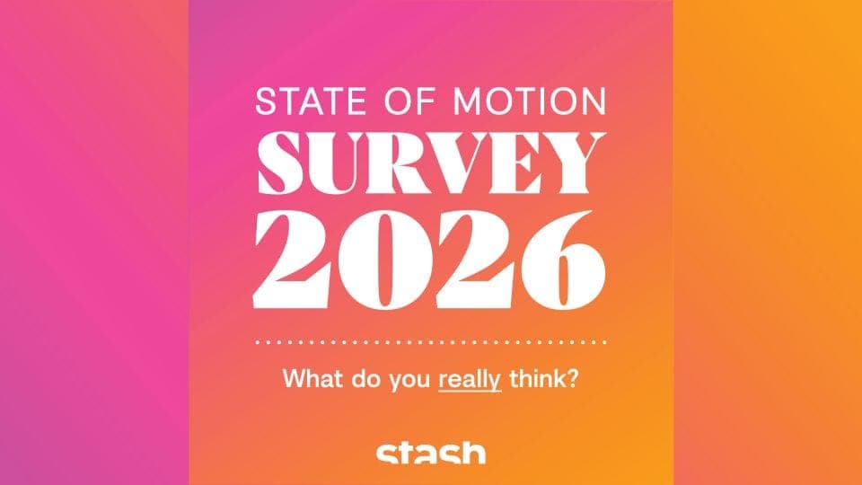 The image is a vibrant advertisement for a survey on the state of motion. The background is a gradient of pink and orange, with the text "STATE OF MOTION SURVEY 2026" in bold white letters. Below the text, there is a question in a smaller font: "What do you really think?". The word "stash" is displayed in a smaller fon