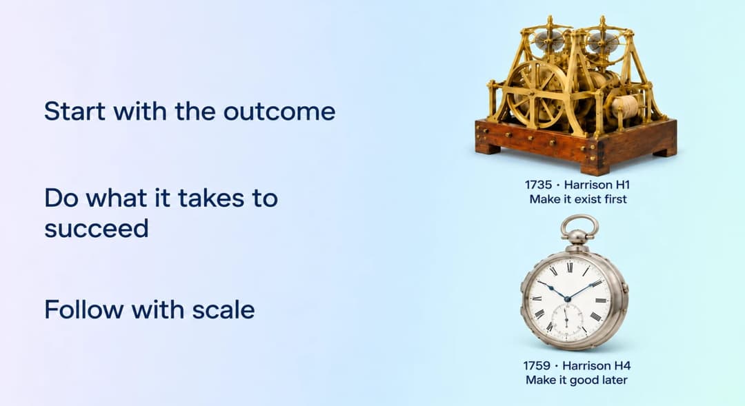 Two brass and silver mechanical timekeepers on a light blue gradient background: a gold Harrison H1 marine clock mechanism on a wooden base, labeled "1735 · Harrison H1 Make it exist first", and a silver pocket watch labeled "1759 · Harrison H4 Make it good later". Left-side text reads "Start with the outcome", "Do wha