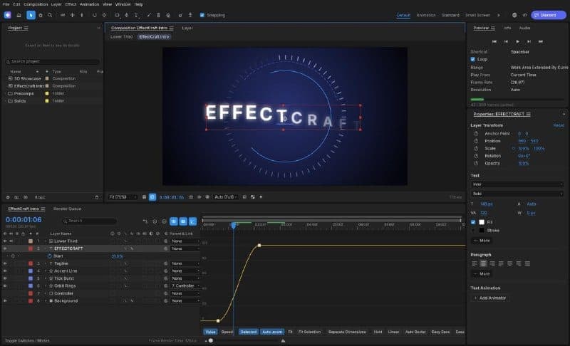 The image shows a video editing software interface, likely from Adobe Premiere, displaying a video editing project. The central focus is a video with the title "EFFECT CRAFT" in a stylized font. The video is set against a dark blue background with a circular design element. The video has a dynamic, slightly blurred app