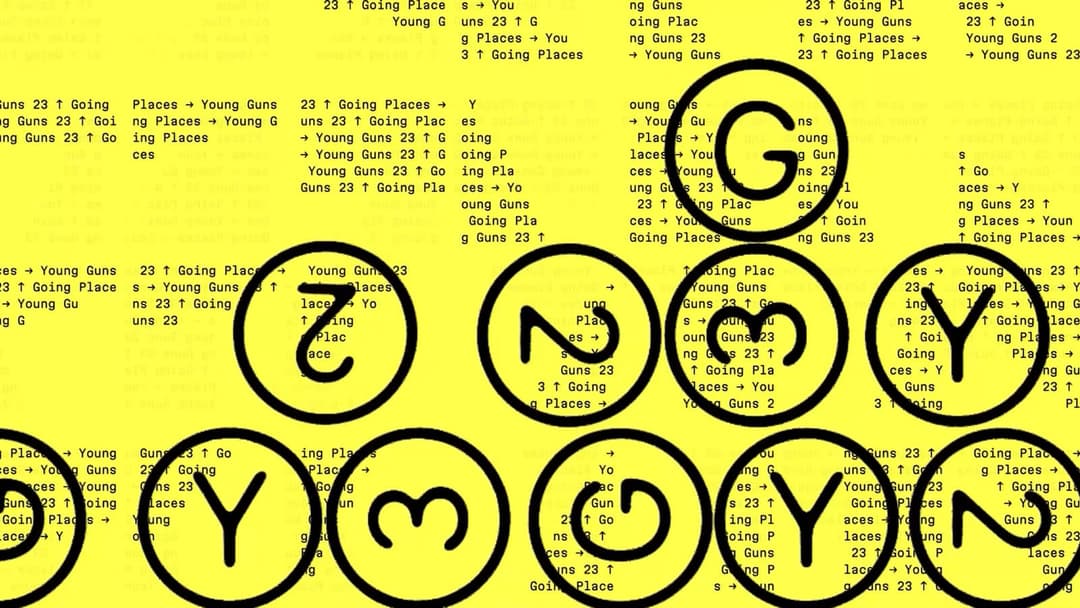The image presents a vibrant yellow background with black text arranged in a grid-like pattern. The text appears to be a list of "Young Guns" locations, with each item starting with the letter "G". The words "Young Guns" are repeated multiple times in the image, creating a sense of repetition and rhythm. The words "You