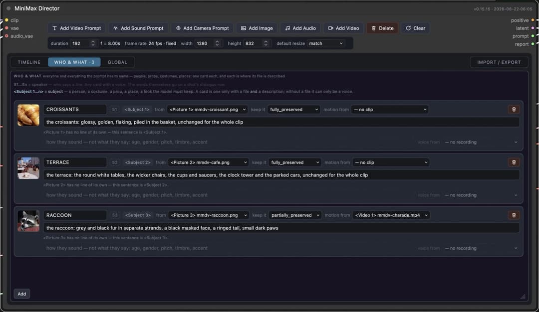 The image shows a video editing interface, likely from a video editing software like Minimax. The interface is dark with a white background and features a title bar at the top. The title bar displays the text "Minimax Director" and "Video Prompt", along with the time and date. The interface also includes tabs for "Vide
