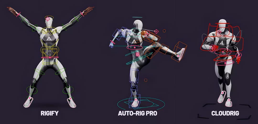 The image presents three robotic figures, each with a unique pose and color scheme, set against a dark purple background. The figure on the left is labeled "RIGIFY" and is in a standing position with arms raised. The figure in the middle is labeled "AUTO-RIG PRO" and is in a dynamic pose, possibly mid-kick or jump. The