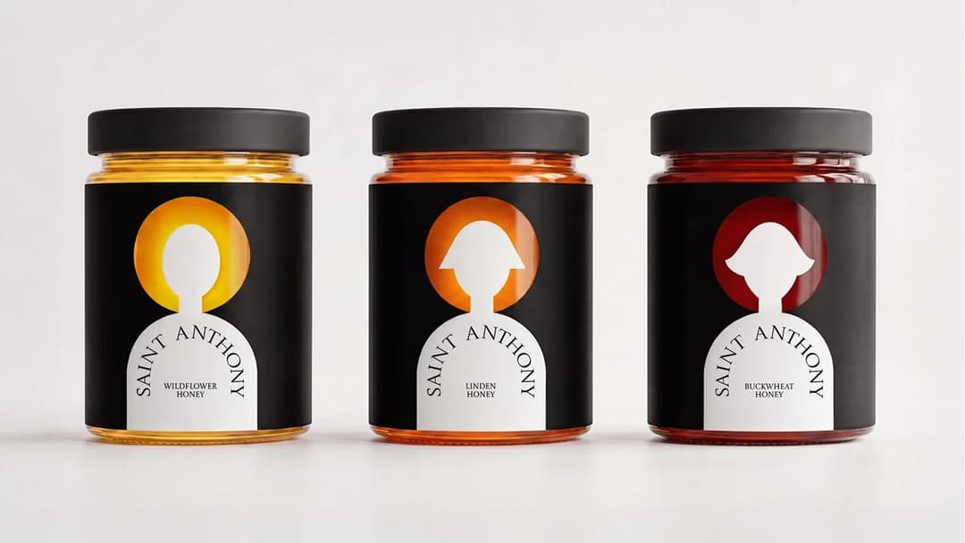 The image presents three jars of Saint Anthony Wildflower Honey, each with a black lid and a white label. The leftmost jar is filled with a golden-yellow honey, while the middle jar contains a vibrant orange honey. The rightmost jar is filled with a deep red honey. Each jar features a white silhouette of a person, with