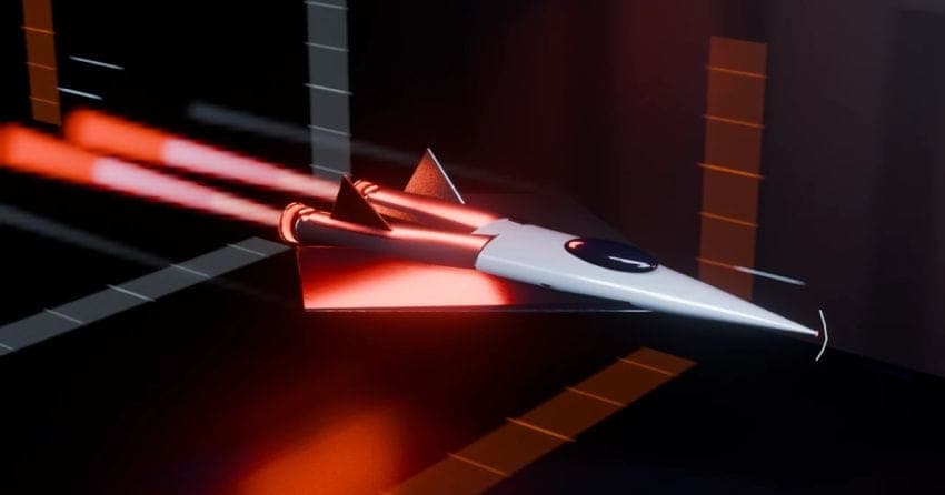 The image depicts a sleek, futuristic-looking spaceship in motion, captured from a low angle. The spaceship is primarily white with a dark gray or black nose cone and a pointed nose. It has a pointed nose cone and two engines, one on each side, emitting a bright red and orange trail of smoke or exhaust. The spaceship i