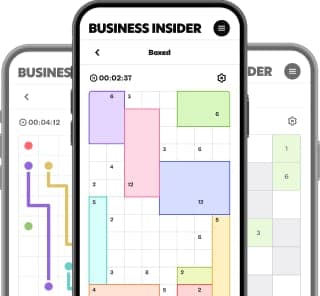 The image shows three smartphones displaying a business insider app. The central phone is the focus, showing a grid with colored squares (red, purple, pink, light blue, light green) and numbers (1, 2, 3, 4, 5, 6, 7, 8, 9, 10, 11, 12). The phone on the left displays a blue and purple line graph, while the phone on the r