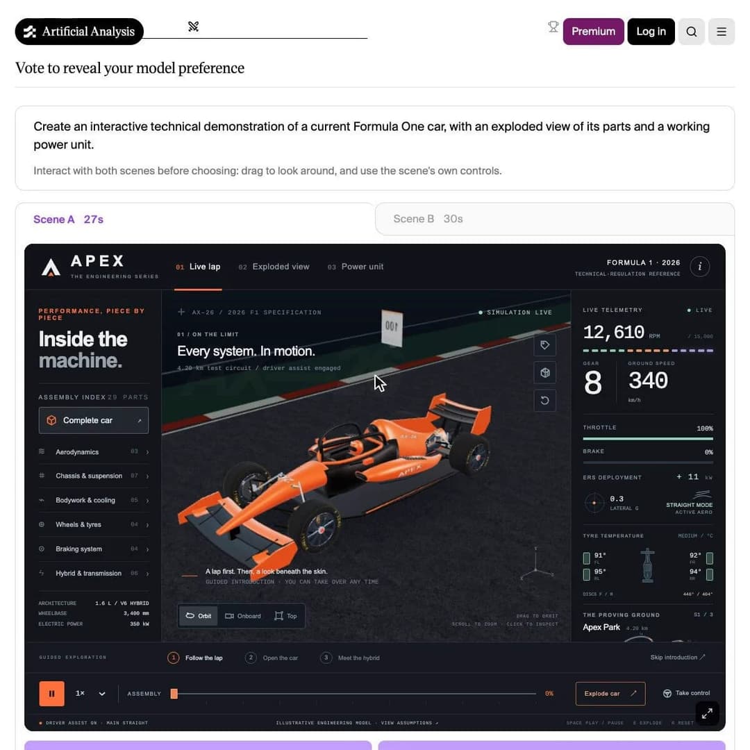The image presents an interactive 3D model of a Formula One car, specifically a hybrid, with a black and orange color scheme. The car is shown in a dynamic, mid-turn pose, with its wheels slightly off the ground, suggesting movement. The model is set against a backdrop of a racetrack, with a blurred background that emp