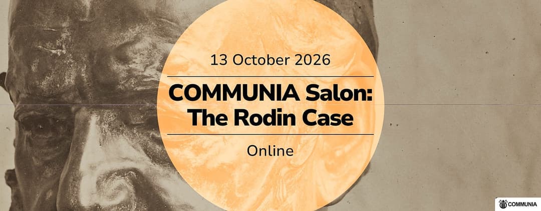 The image is a promotional graphic for an event titled "COMMUNIA Salon: The Rodin Case". The event is scheduled for October 13, 2026, and will be held online. The graphic features a large, circular orange background with the event details written in black text. The background also includes a black and white image of a