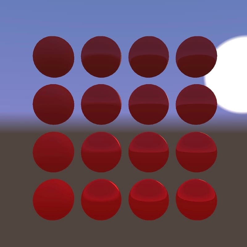 The image presents a 3x3 grid of red spheres, each with a slightly glossy or reflective surface. The spheres are arranged in a symmetrical pattern, with the top row slightly offset from the bottom row. The background is a gradient of blue and purple, with a bright white circle in the top right corner. The spheres appea