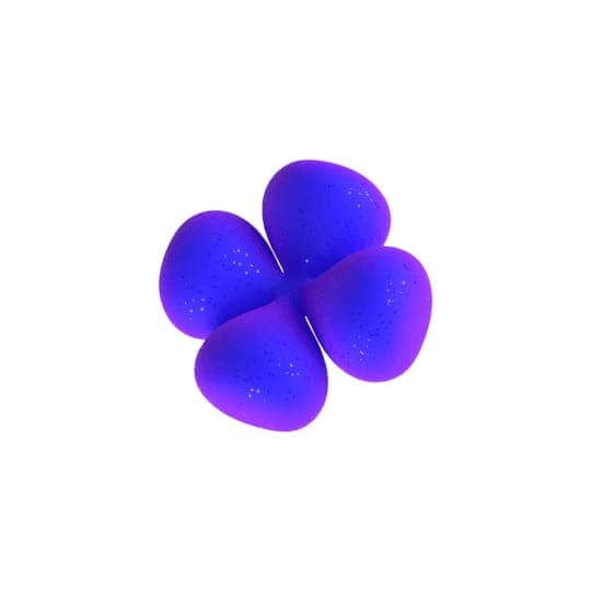 The image presents a four-sided object, colored in a vibrant shade of purple, set against a dark teal or blue-green background. The object is composed of four identical spheres, each with a slightly darker shade of purple, creating a gradient effect. The spheres are arranged in a symmetrical pattern, with each sphere p