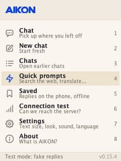 The image shows a screenshot of the Alkon app's settings menu, which is displayed in a light beige or cream color. The Alkon logo is prominently featured in the top left corner. The main focus of the image is the "Chat" section, which is currently selected and shows a single chat icon. The chat icon is accompanied by t