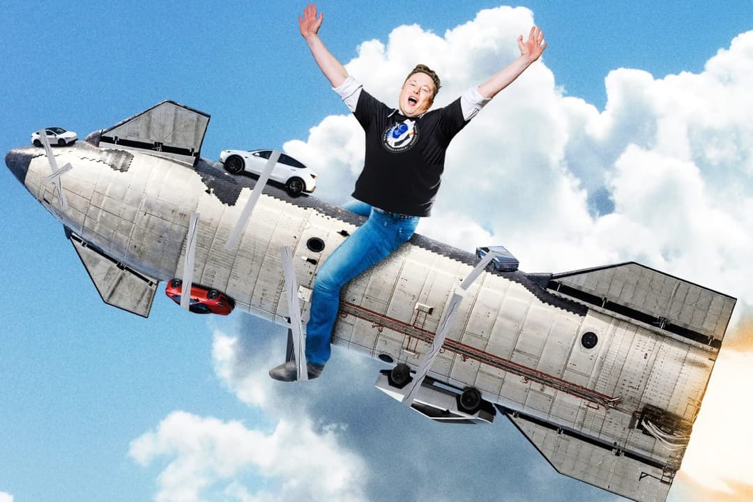 A man in a black t-shirt and blue jeans is suspended in mid-air, his arms outstretched, as he appears to be launching a silver rocket. The rocket, which has a pointed nose and a visible exhaust plume, is attached to a white car and a red car, suggesting a playful or humorous scenario. The man is wearing a dark-colored