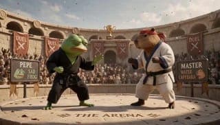 The image depicts a lively scene in a Roman-style arena, where two anthropomorphic animals, a frog and a beaver, are engaged in a playful fight. The frog, dressed in a black martial arts uniform, is on the left, while the beaver, wearing a white martial arts uniform and a red headband, is on the right. The arena is fil