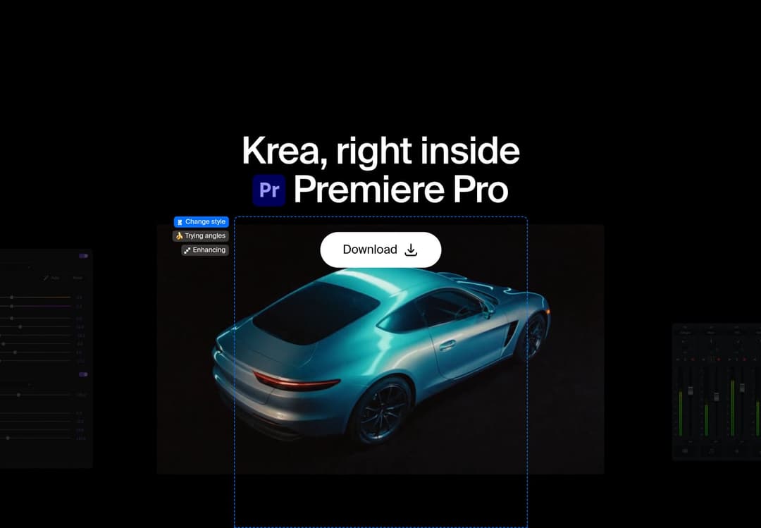 The image shows a sleek, light blue or teal sports car, possibly a Jaguar, positioned in profile against a dark background. The car is the central focus of the image, with a white box in the top right corner containing the text "Krea, right inside Pr Premiere Pro". The box also includes a button labeled "Download" and
