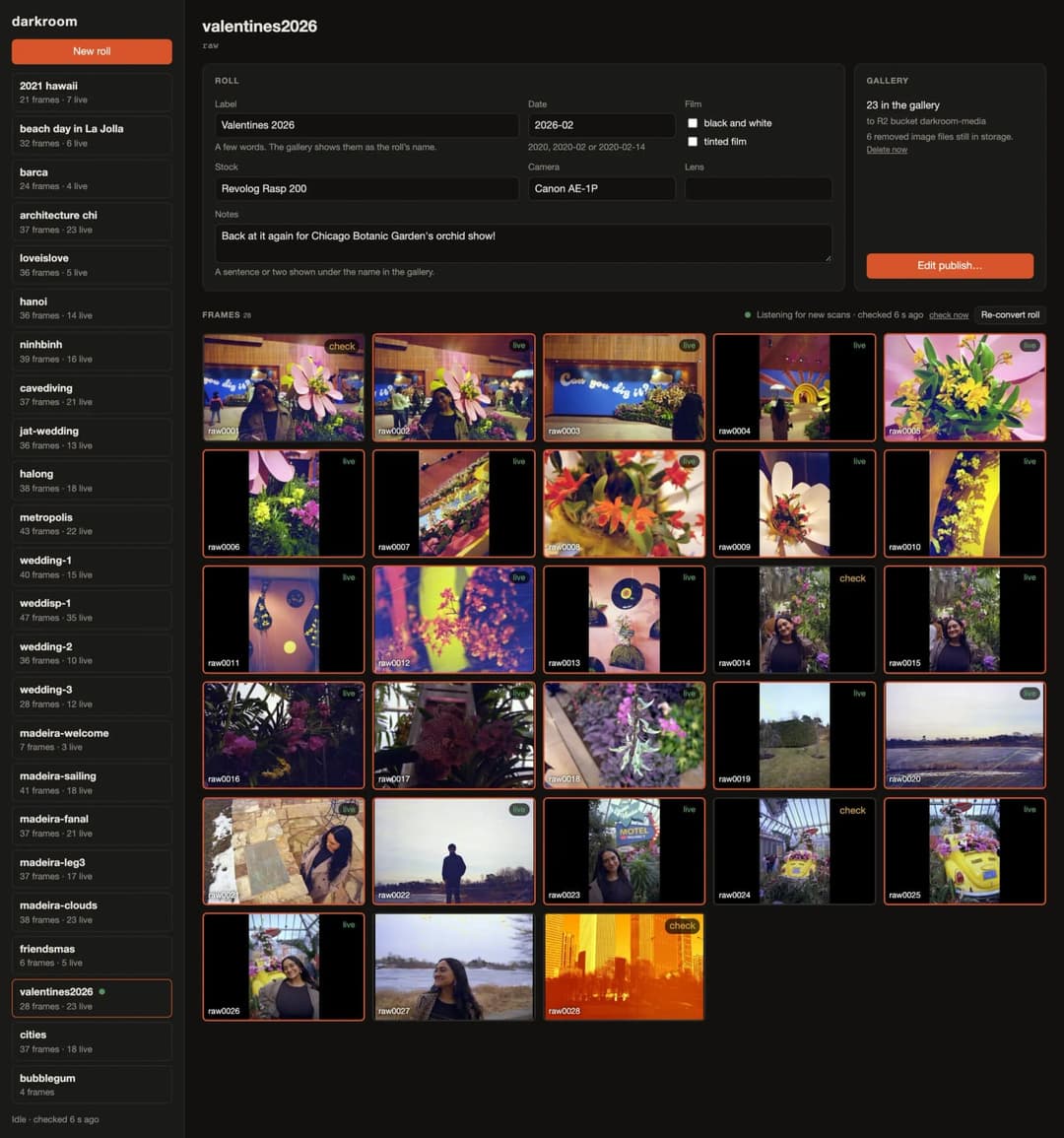 The image shows a webpage from the darkroom website, displaying a gallery of over 50 photographs. The gallery is organized into a grid of nine rows and six columns, each filled with images of various subjects. The photos are labeled with text, including "Valentines 2026", "2020-02", "2020-02-14", "2020-02-14", "2020-02