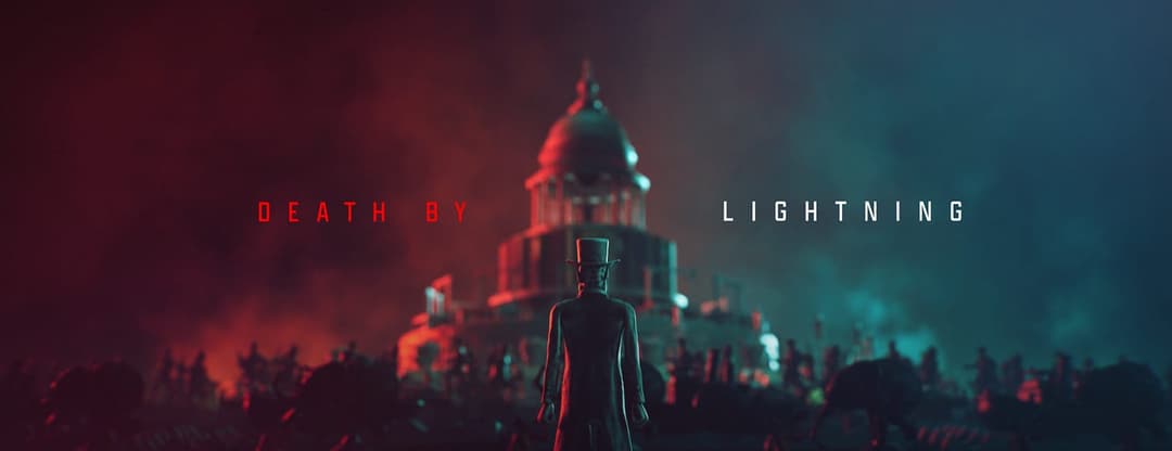 The image depicts a scene that appears to be set in a city, with a large, imposing building featuring a dome and columns in the background. The building is illuminated by a combination of red and blue lights, creating a dramatic effect. In the foreground, a figure in a top hat and coat stands facing the building, with