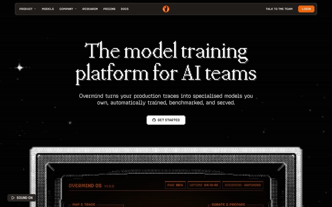The image presents a webpage for a model training platform called "Overmind". The webpage has a dark background with a subtle starry pattern. The title of the platform, "The model training platform for AI teams", is prominently displayed in white text at the top. Below the title, a description in white text explains th