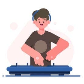 The image depicts a young man with brown hair, wearing a dark brown or black t-shirt and blue headphones, standing behind a blue DJ mixer. His hands are positioned on the mixer, suggesting he is in the middle of a performance. The background is a light pink color with a few white circles scattered around. The man's fac