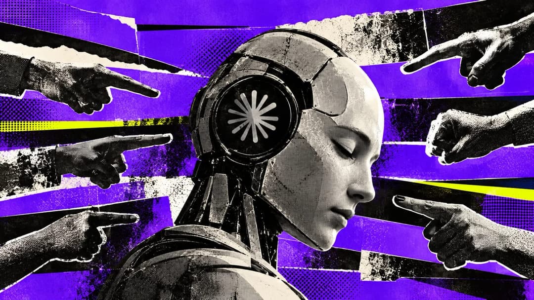 The image depicts a robot with a white head and black body, wearing a headset with a white starburst design. The robot is positioned in the center of the image, facing towards the right side. The background features a vibrant purple and black color scheme with a textured, grunge-like appearance. Multiple hands, appeari