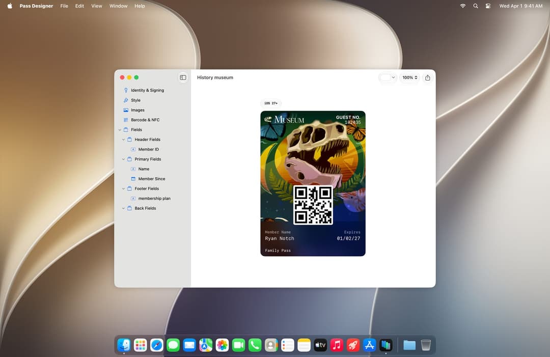 The image shows a screenshot of a Mac OS X operating system displaying a "History museum" menu. The menu is organized into sections, including "Identify & Signing", "Style", "Images", "Barcode & NFC", "Header Fields", "Member ID", "Primary Fields", "Member Since", "Footer Fields", "Membership plan", and "Back Fields".