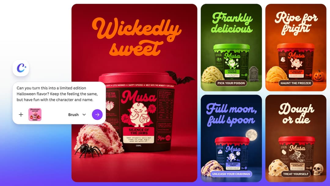 A Canva promotional collage features a Musa ice cream tub and Halloween-themed posts with headlines such as 'Wickedly sweet', 'Frankly delicious', 'Ripe for fright', 'Full moon, full spoon', and 'Dough or die'. A Canva AI prompt box overlays the left side, asking for a limited-edition Halloween flavor.