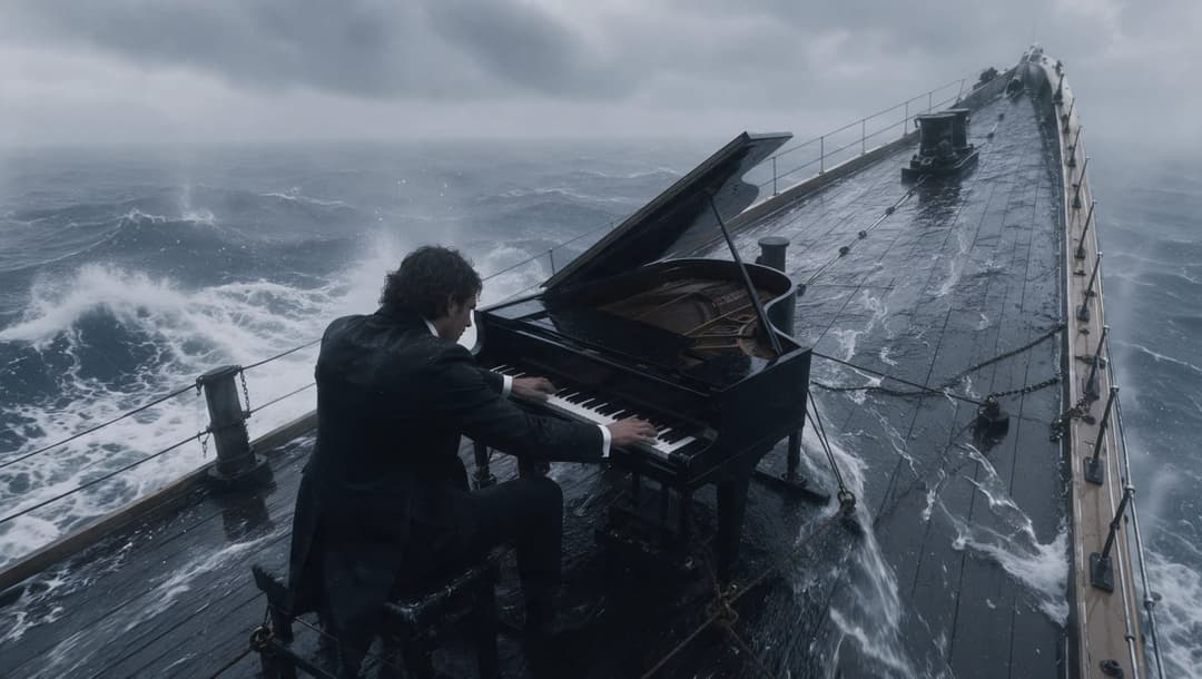 A man in a black suit is seated at a grand piano on a wooden deck, playing with intensity. The piano is positioned on the right side of the deck, with the man's left hand on the keys and his right hand on the piano's lid. The deck is made of dark wood and is surrounded by a metal railing. The deck is situated on a ship