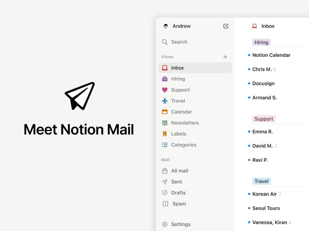 A promotional graphic reading "Meet Notion Mail" with a paper-plane icon sits beside a screenshot of the Notion Mail sidebar, showing Views such as Inbox, Hiring, and Travel, and Mail folders such as All mail, Sent, and Drafts. Visible text includes "Notion Mail", "Inbox", and "Andrew".