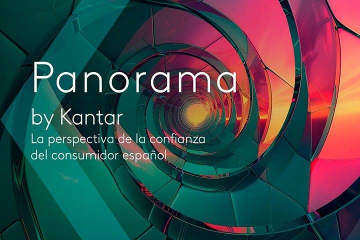 The image presents a vibrant digital art piece titled "Panorama" by Kantar. The artwork is a digital painting that appears to be a 3D rendering of a spiral staircase. The staircase is composed of a multitude of colorful, curved panels, predominantly in shades of pink, orange, and green, creating a sense of depth and mo