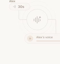 The image presents a digital interface with a soothing beige color scheme. At the top, the name "Alex" is displayed, followed by a small icon of a speaker with a line indicating sound. Below this, a progress bar is visible, with a small play button icon in the center. The progress bar is currently at 30% and displays t