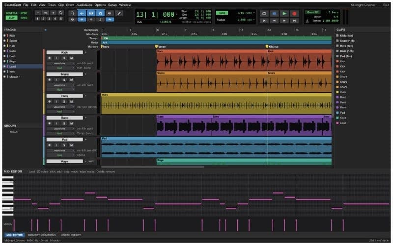 The image shows a music production software interface, likely from a digital audio workstation (DAW), displaying a MIDI editor. The interface is primarily dark gray with accents of pink and green. The top right corner shows a progress bar with "Count: 2 bars", "End: 1:00:00", "Start: 1:00:00", and "Resumed: 0 seconds".