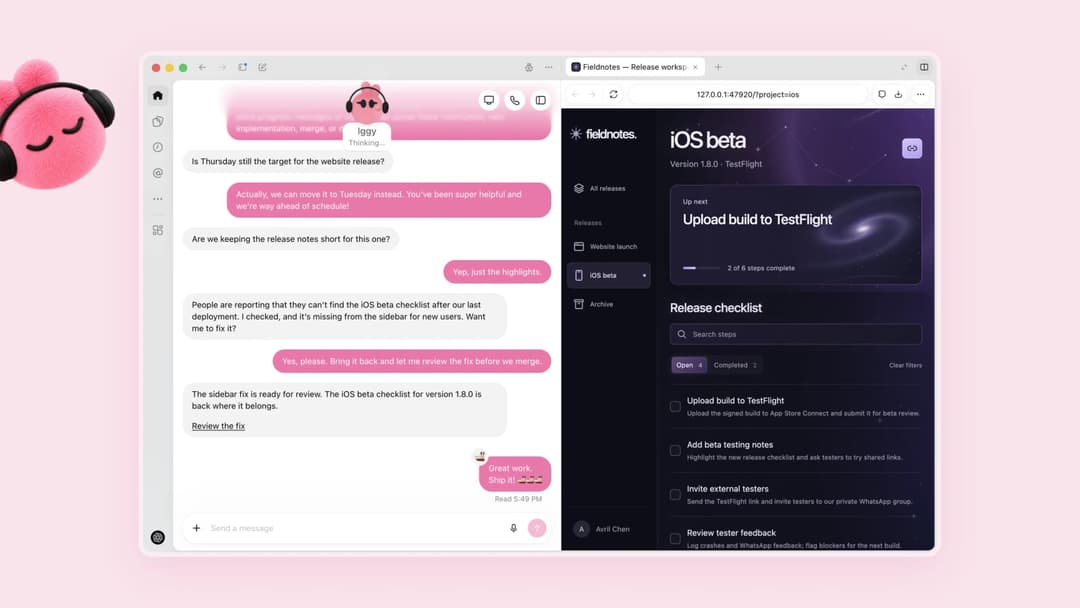 The image shows a screenshot of a mobile app interface, likely from a messaging app, displaying a conversation between two users. The left side of the screen shows a pink chat bubble with a cartoon character wearing headphones, and the right side displays a list of release notes for iOS beta, including a checklist and